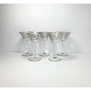 SILVER CITY Glass Silver Overlay 5 Wine Glasses 5 5/8” 8oz VTG MCM 60s GrapeLeaf